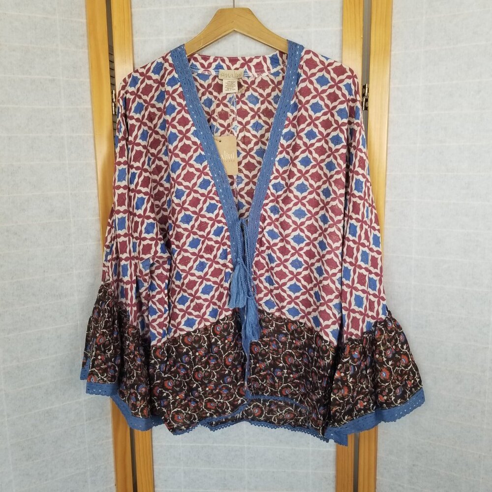 Nalini Top One Size NWT Boho Tie Front Long Sleeves Festival